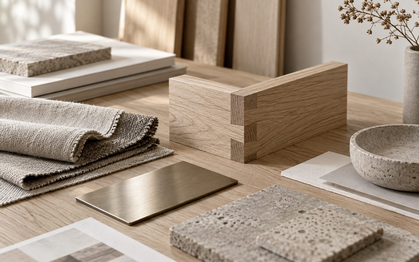Materialprover i trä, textil, metall och sten