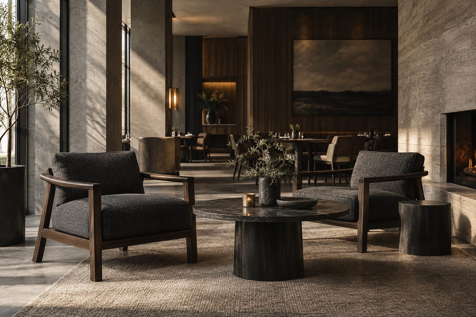 Mörka loungestolar i en arkitektonisk hotellmiljö